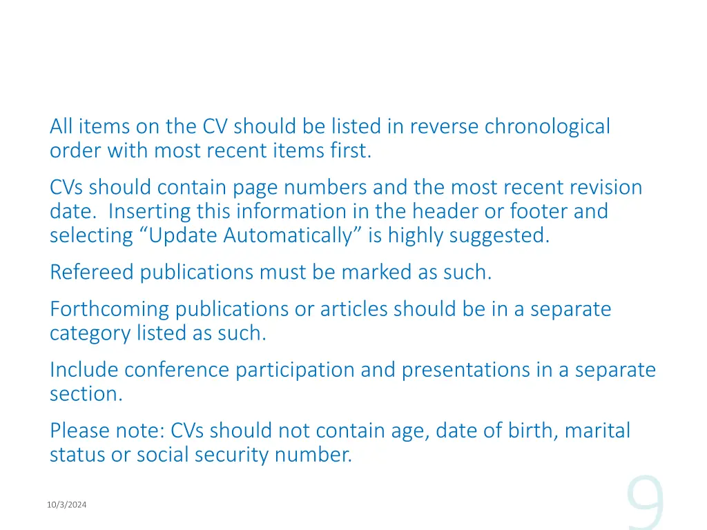 all items on the cv should be listed in reverse