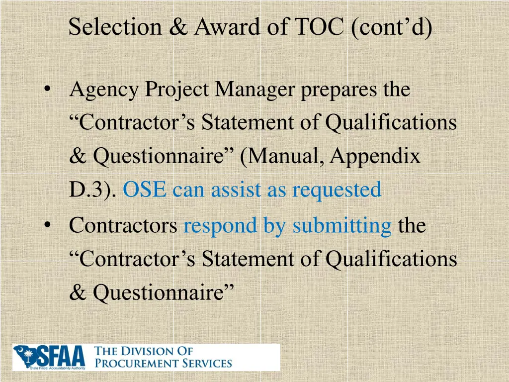 selection award of toc cont d