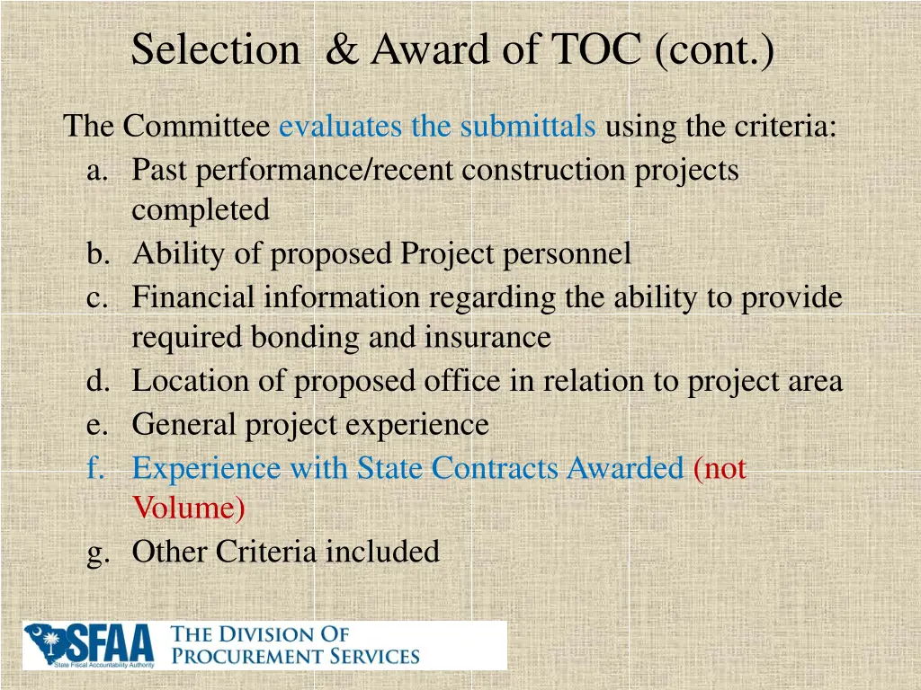 selection award of toc cont