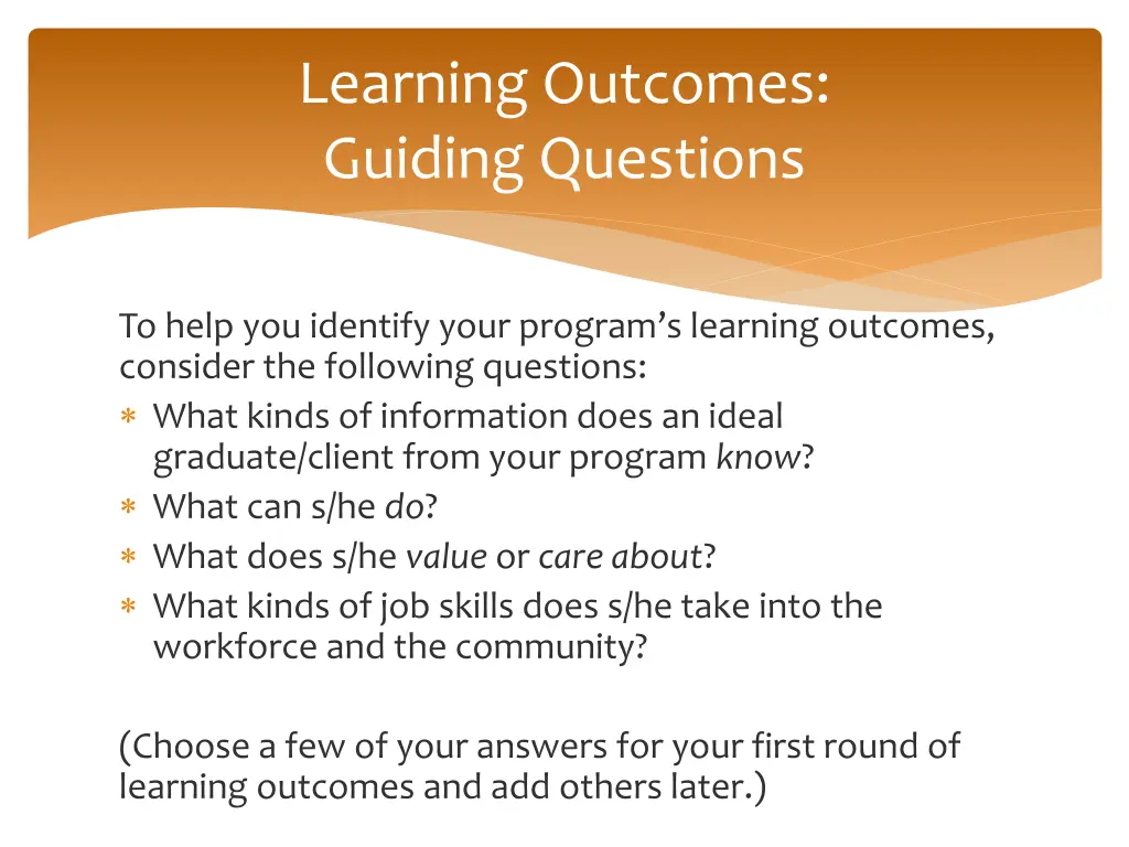 learning outcomes guiding questions