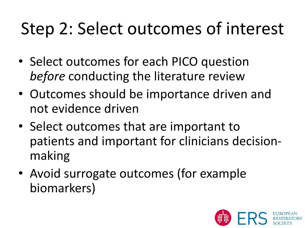 step 2 select outcomes of interest