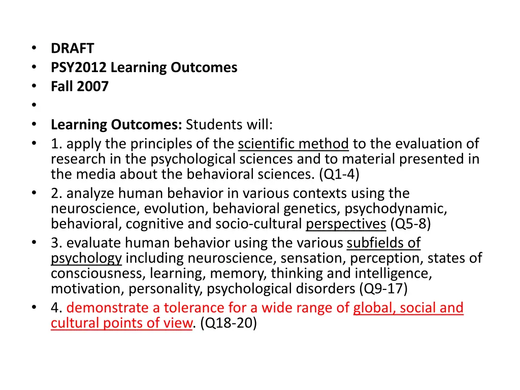 draft psy2012 learning outcomes fall 2007