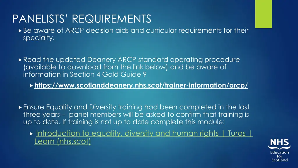 panelists requirements be aware of arcp decision