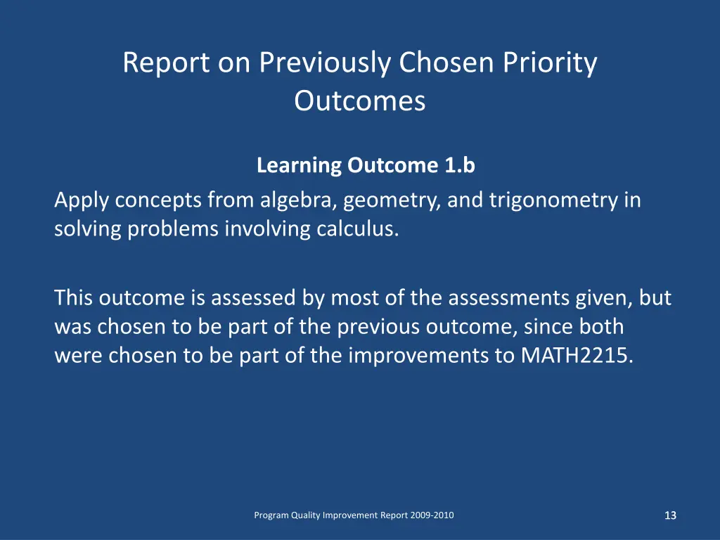 report on previously chosen priority outcomes 2