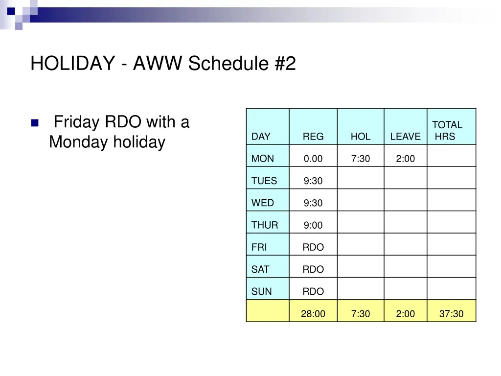 holiday aww schedule 2
