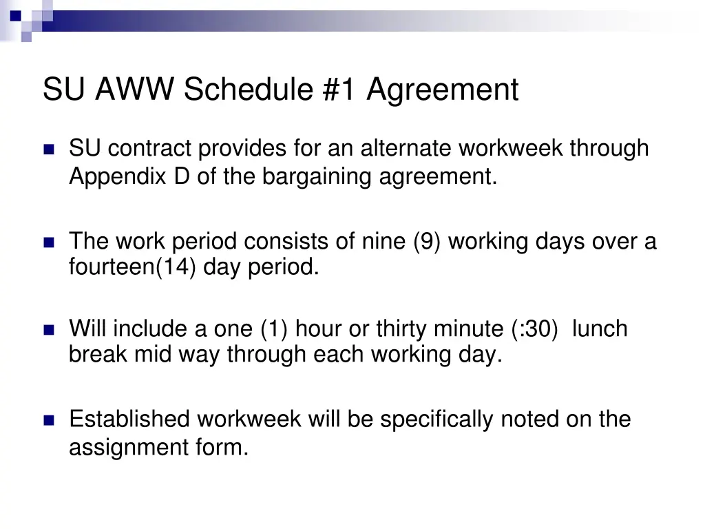 su aww schedule 1 agreement