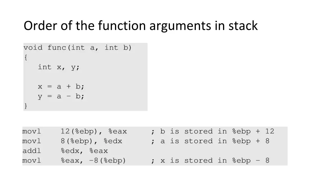 order of the function arguments in stack