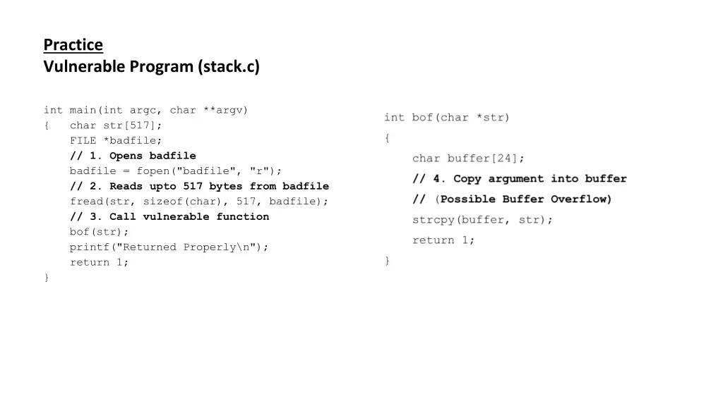 practice vulnerable program stack c