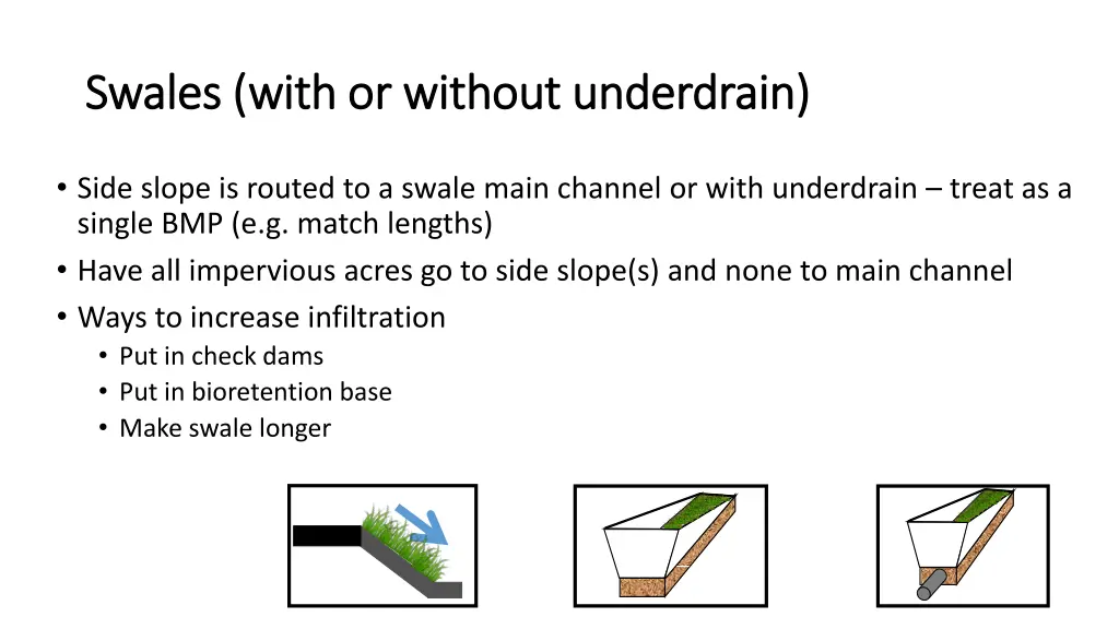 swales with or without underdrain swales with