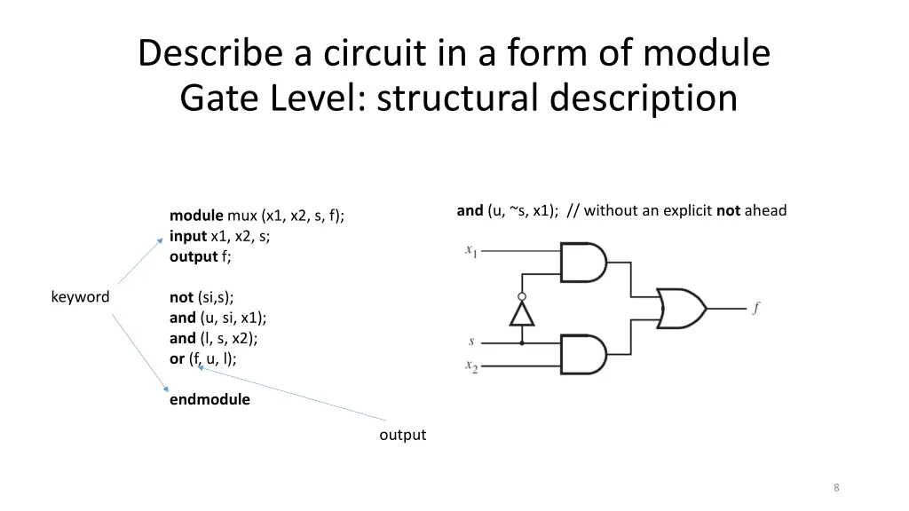 describe a circuit in a form of module gate level