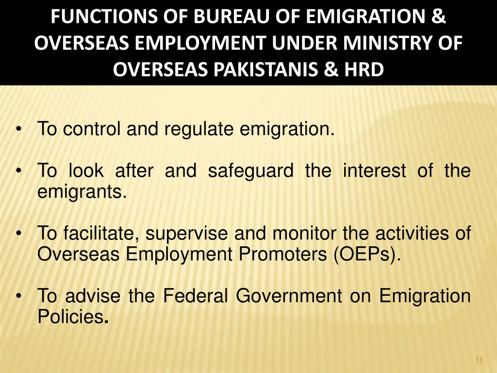 functions of bureau of emigration overseas