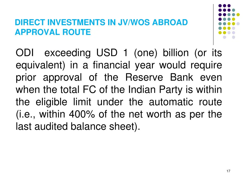 direct investments in jv wos abroad approval route 1