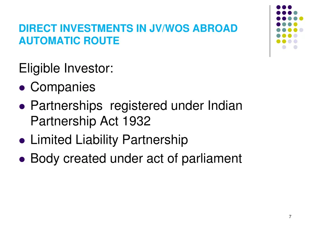 direct investments in jv wos abroad automatic