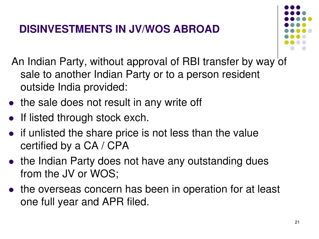 disinvestments in jv wos abroad