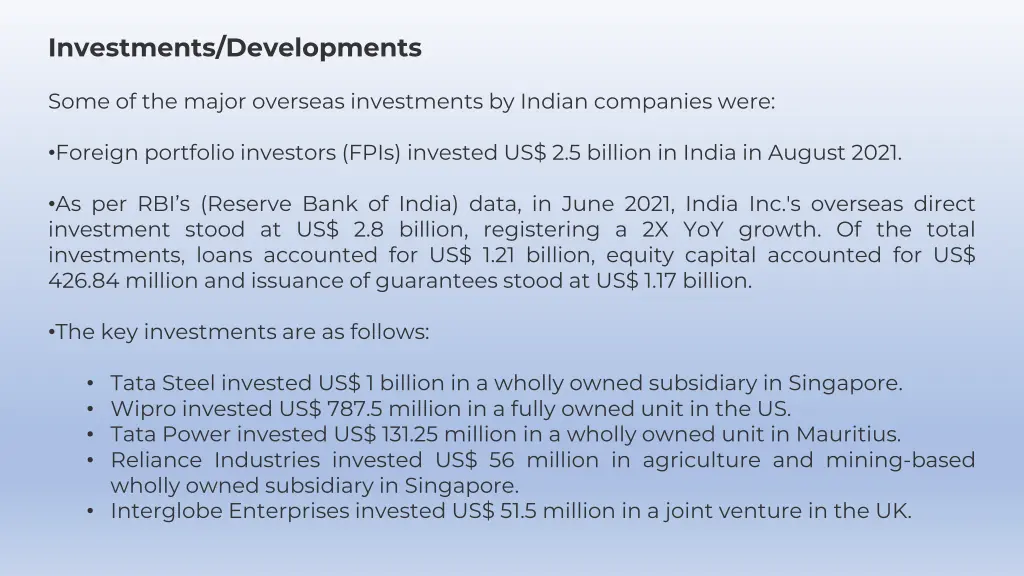 investments developments