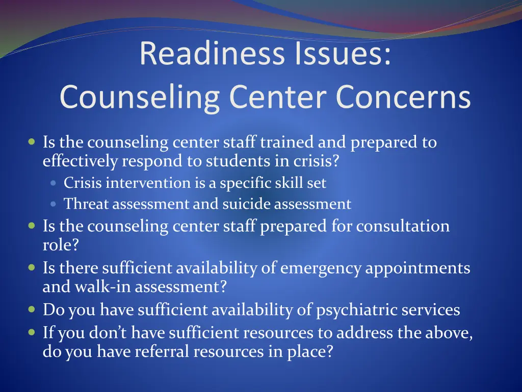 readiness issues counseling center concerns