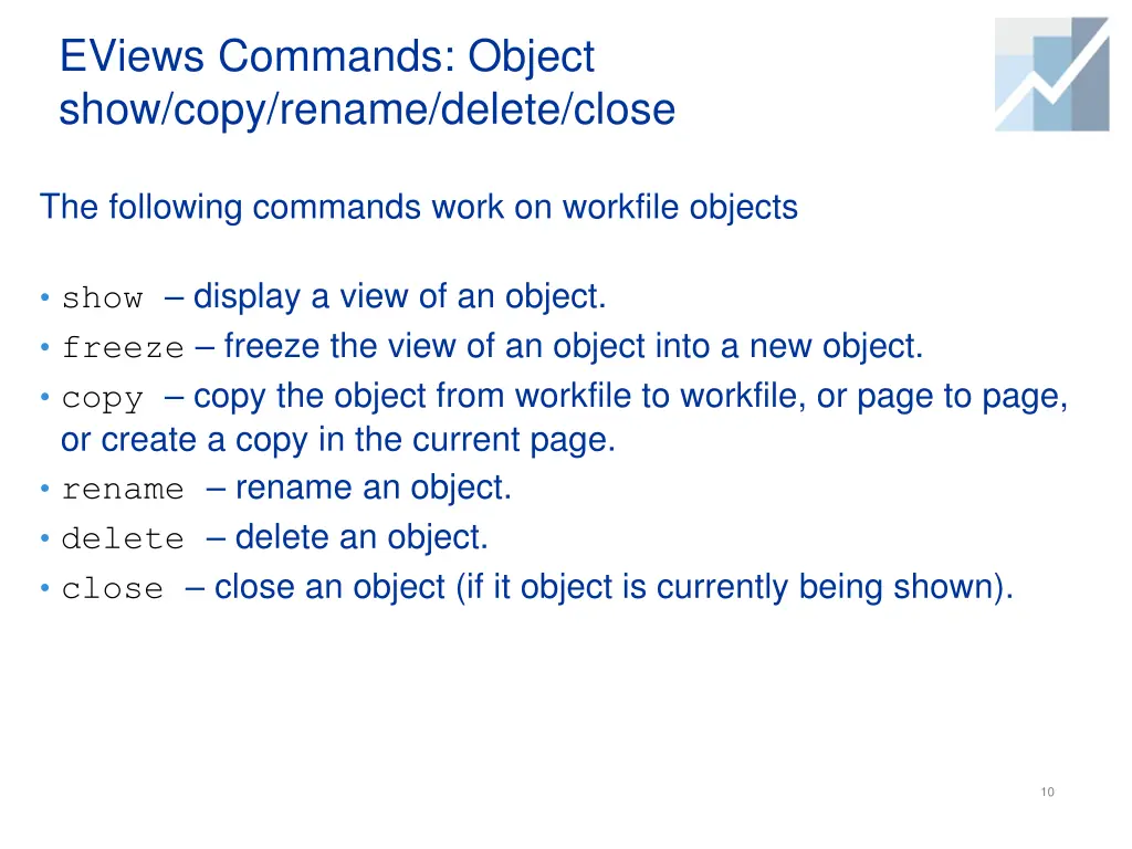 eviews commands object show copy rename delete