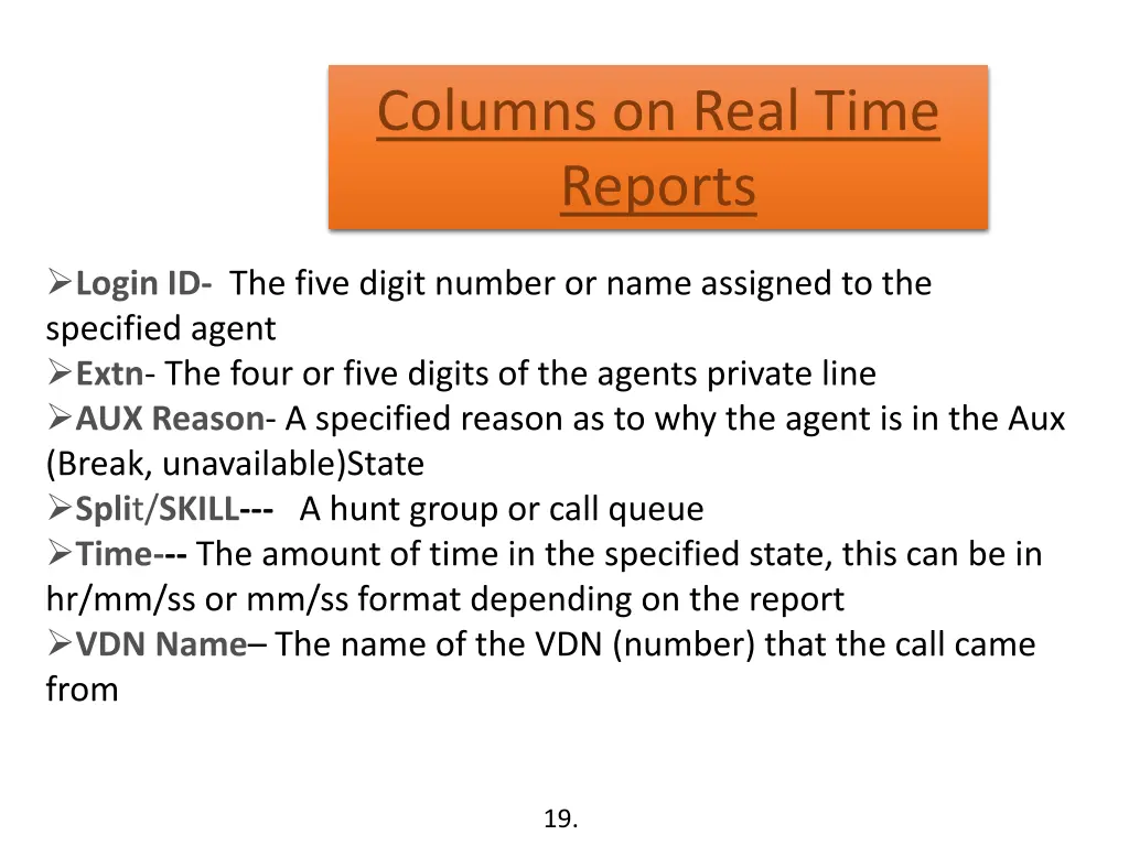 columns on real time reports