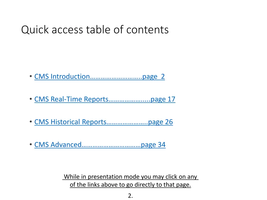quick access table of contents