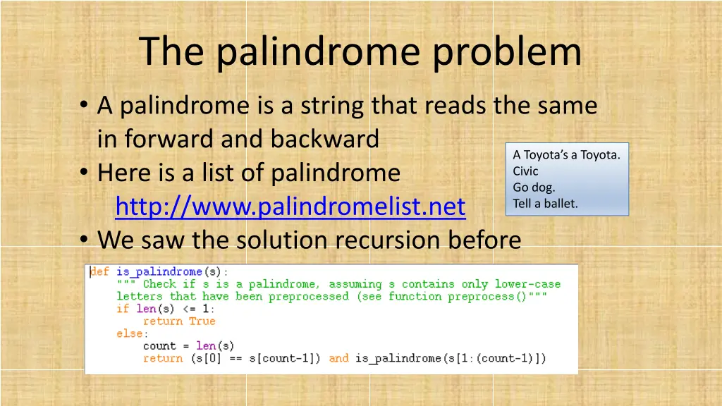 the palindrome problem a palindrome is a string