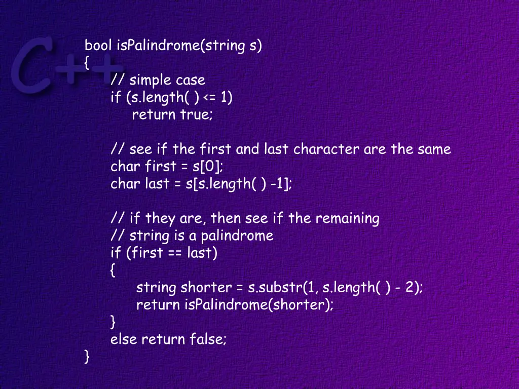 bool ispalindrome string s simple case