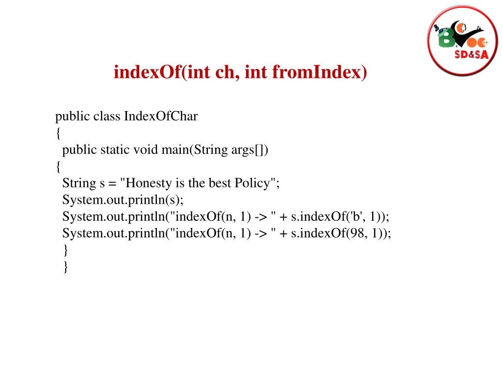 indexof int ch int fromindex