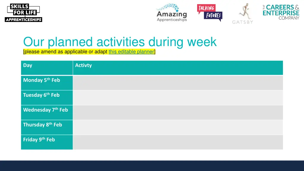 our planned activities during week please amend