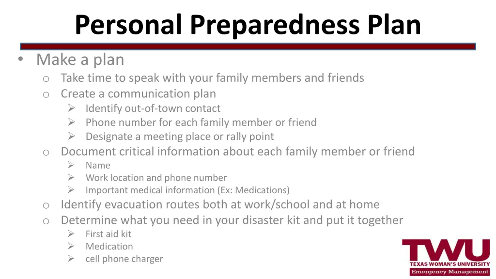 personal preparedness plan make a plan o take