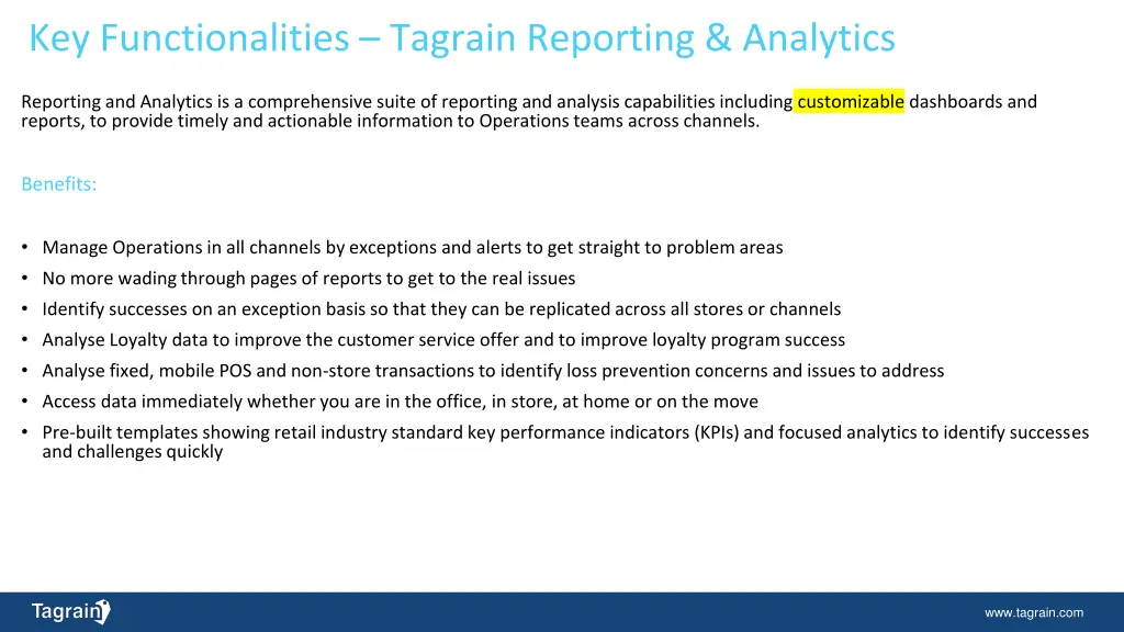 key functionalities tagrain reporting analytics