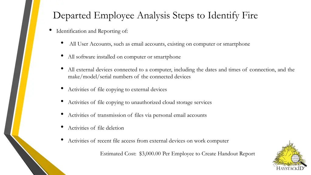 departed employee analysis steps to identify fire