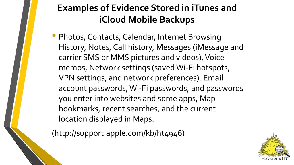 examples of evidence stored in itunes and icloud