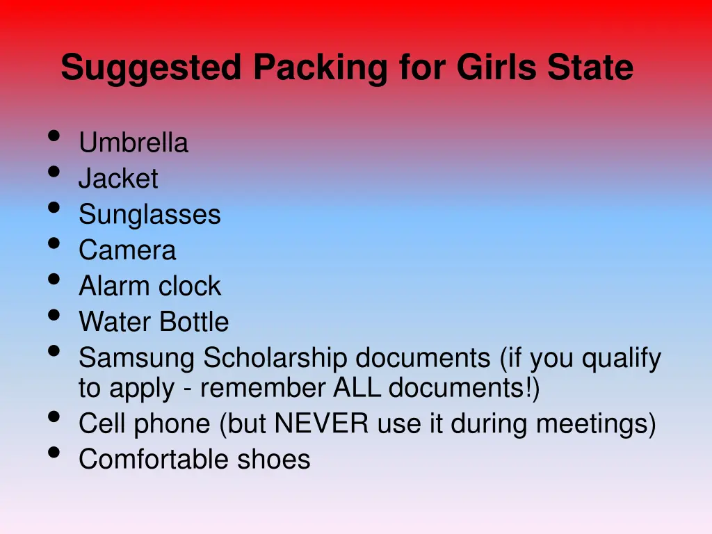 suggested packing for girls state umbrella jacket