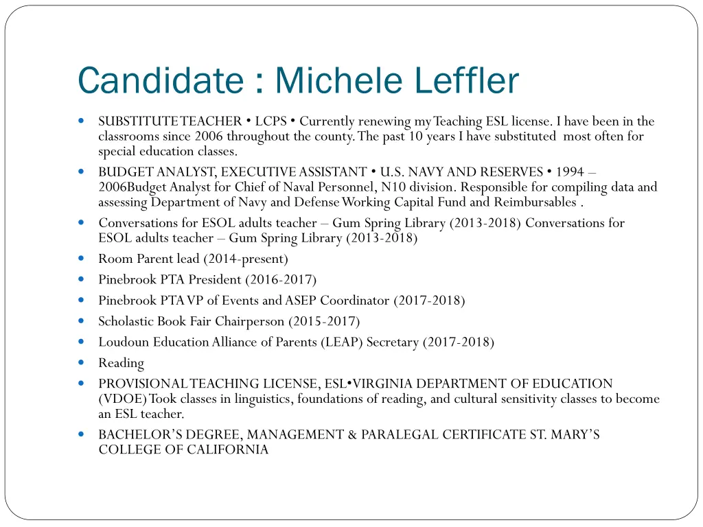 candidate michele leffler