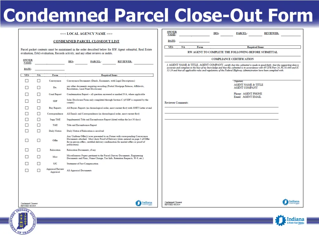 condemned parcel close out form