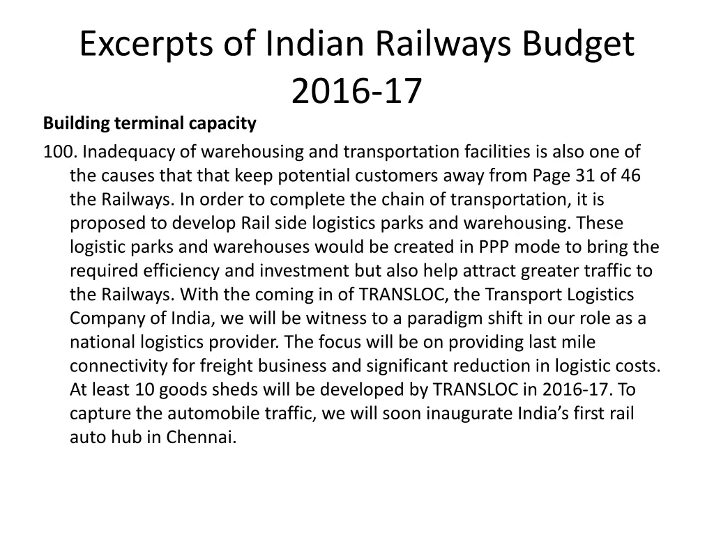 excerpts of indian railways budget 2016