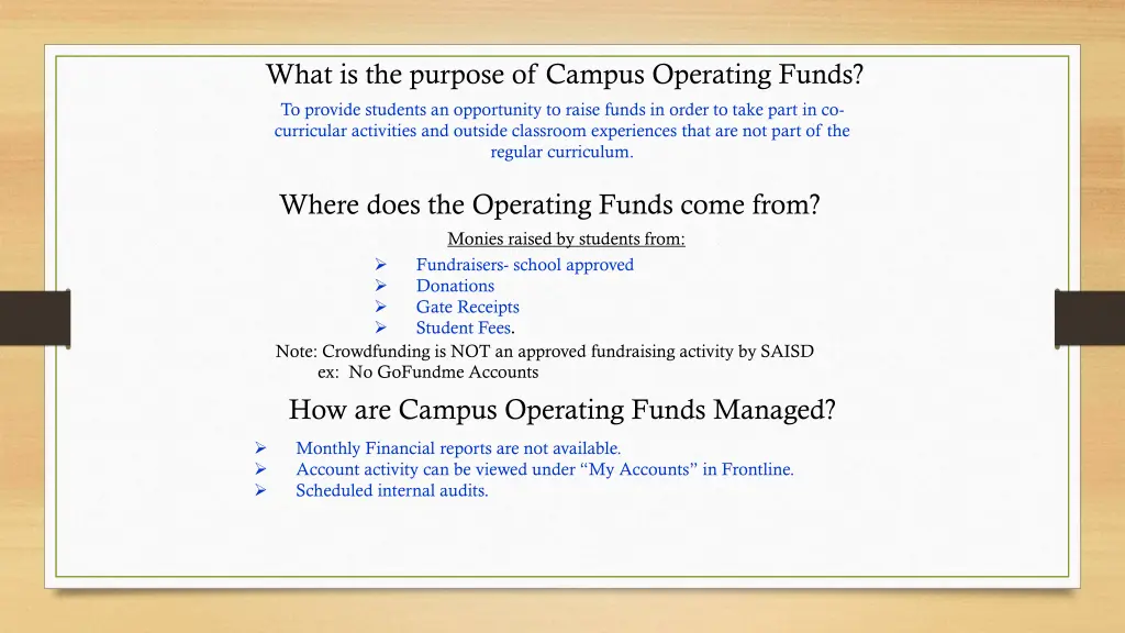 what is the purpose of campus operating funds