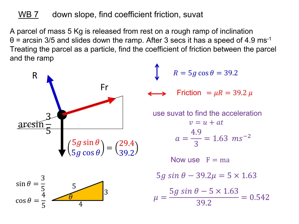 wb 7 down slope find coefficient friction suvat