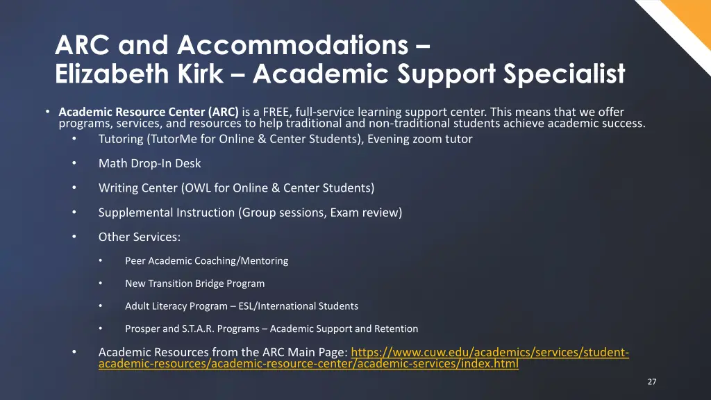 arc and accommodations elizabeth kirk academic