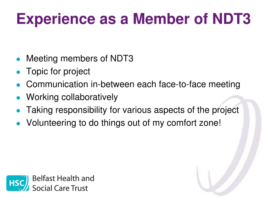 experience as a member of ndt3