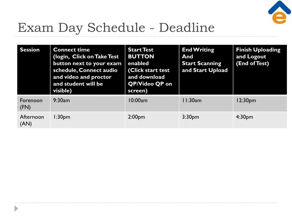 exam day schedule deadline