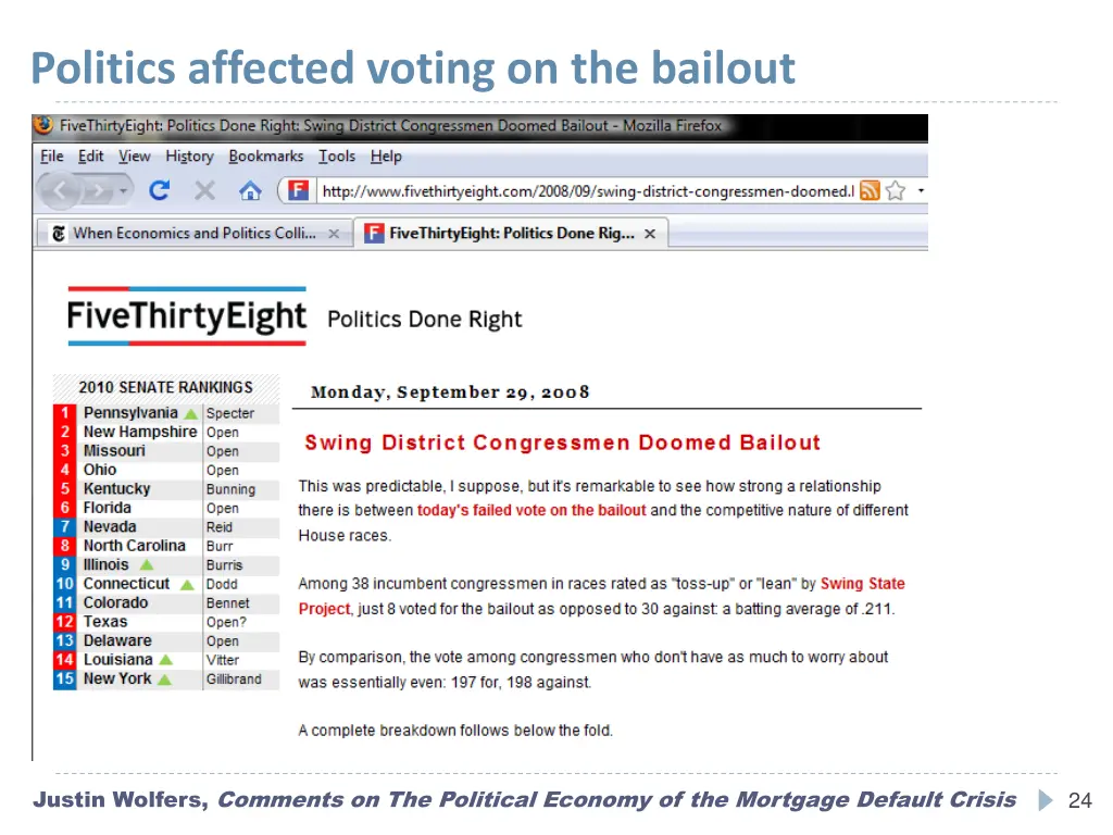 politics affected voting on the bailout