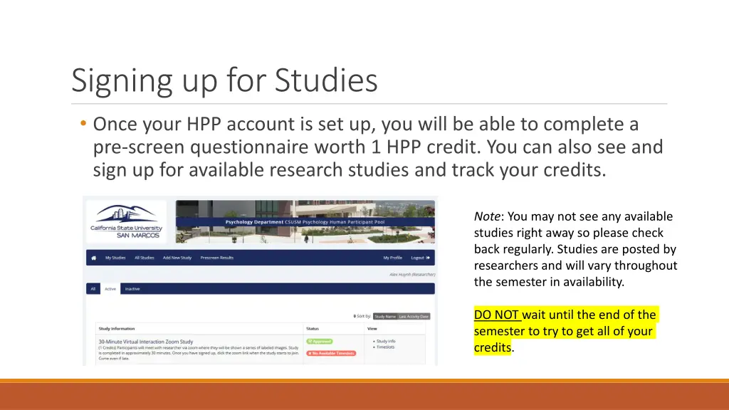 signing up for studies once your hpp account
