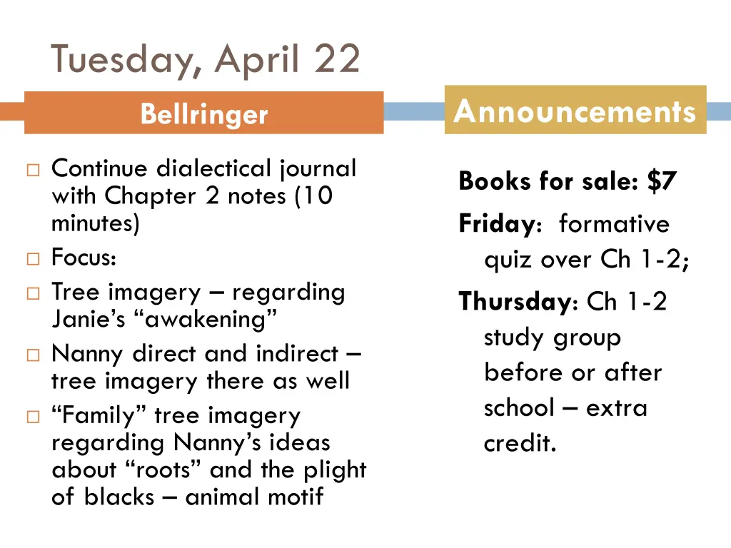 tuesday april 22 bellringer