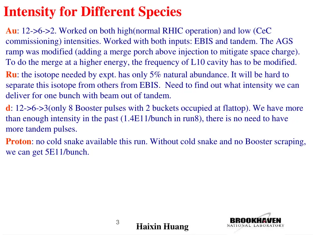 intensity for different species