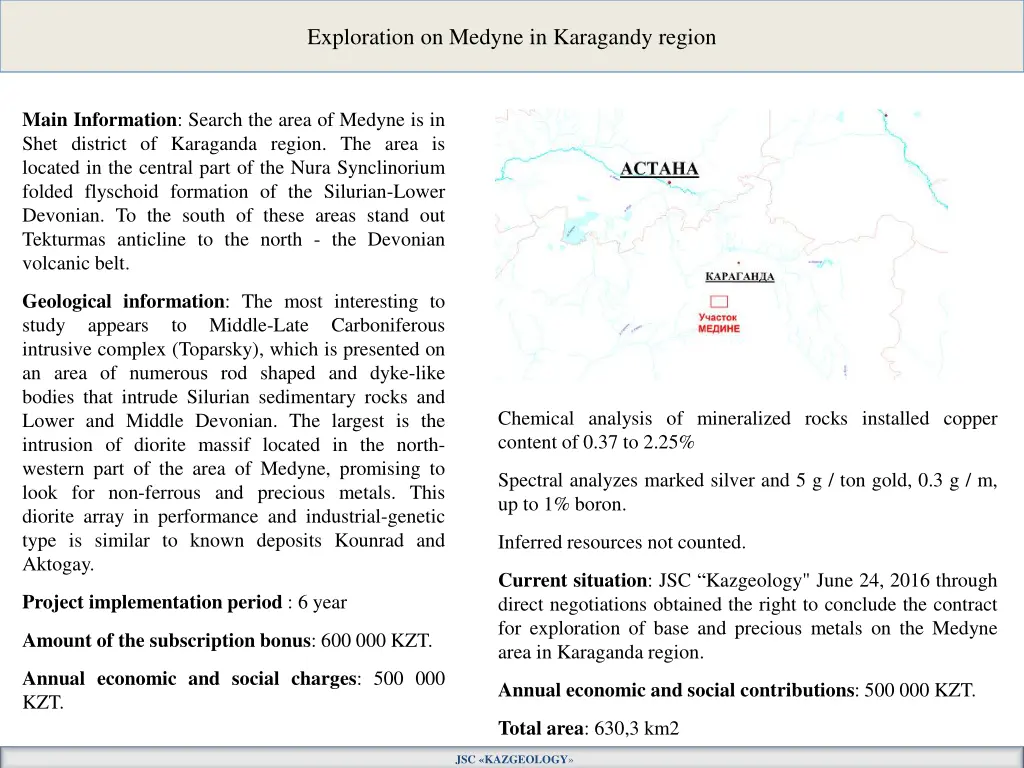 exploration on medyne in karagandy region