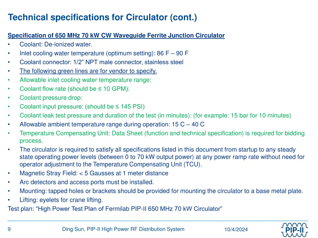 technical specifications for circulator cont