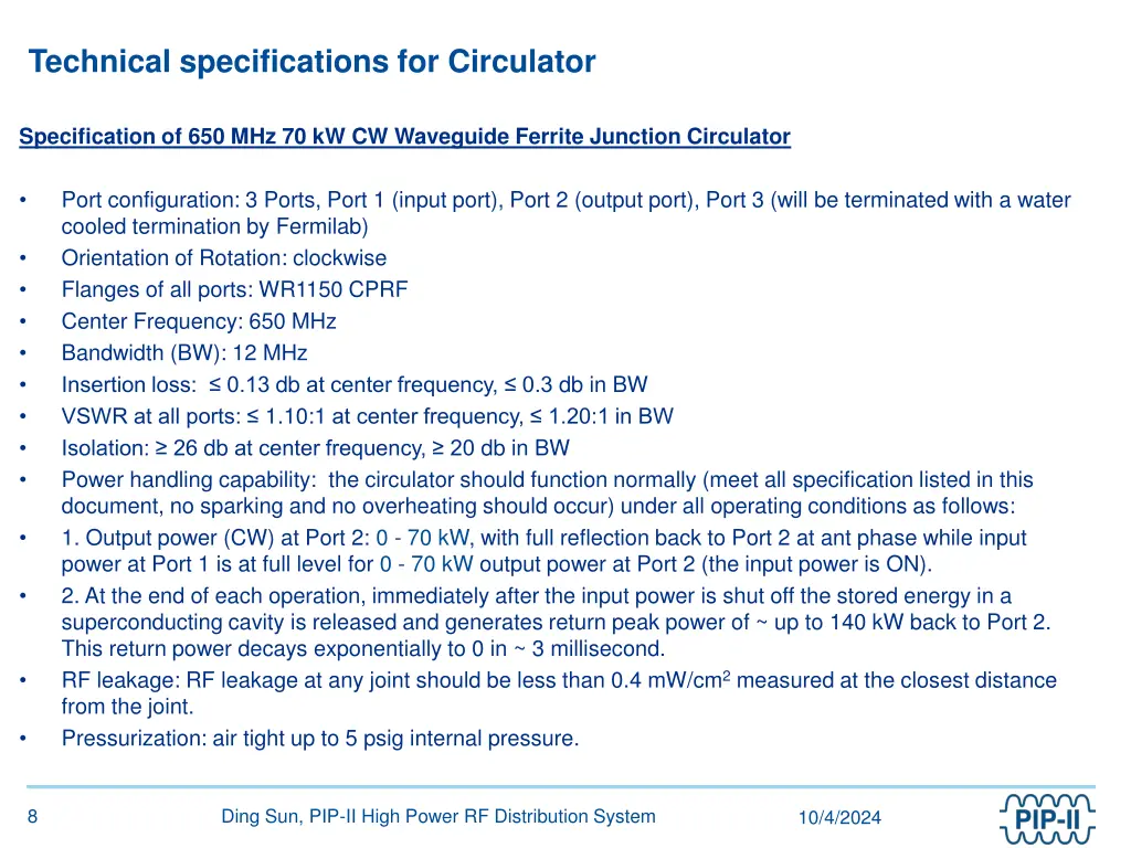 technical specifications for circulator