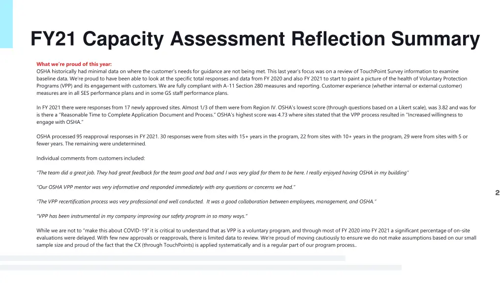 fy21 capacity assessment reflection summary