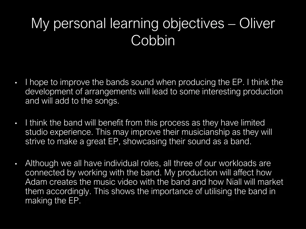 my personal learning objectives oliver cobbin