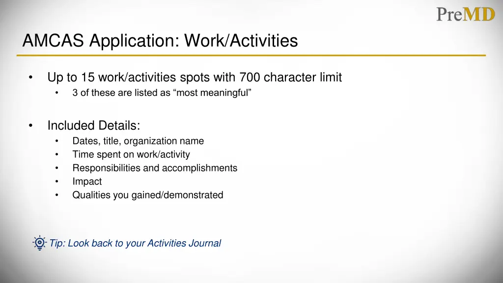 amcas application work activities